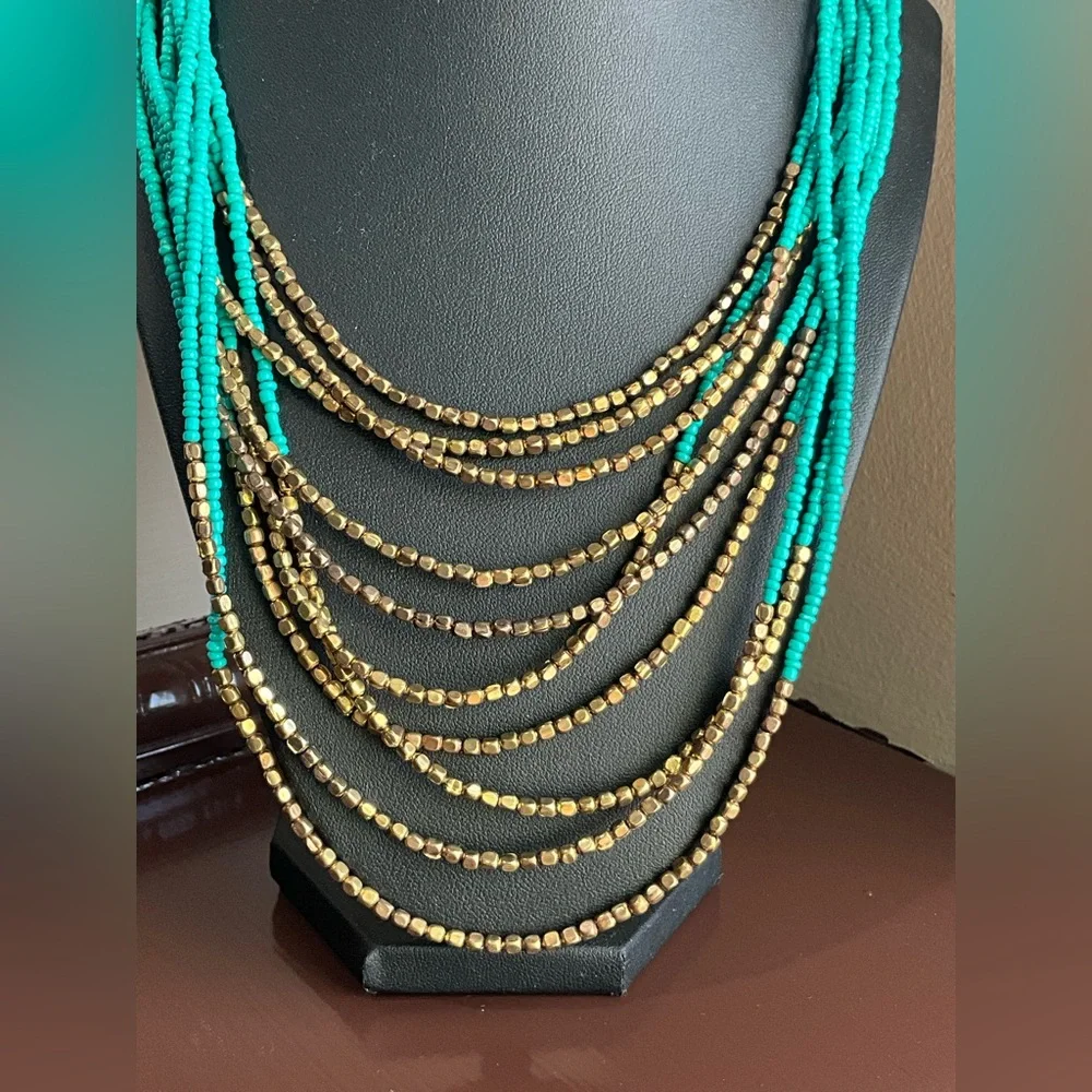 Forever 21 Turquoise and Gold Beaded Necklace - Picture 2 of 5